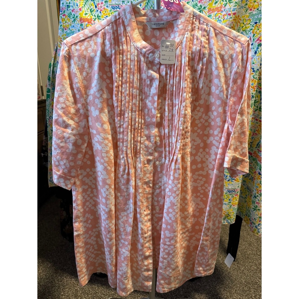 Liz Claiborne Pink and White Dot Pleated Blouse